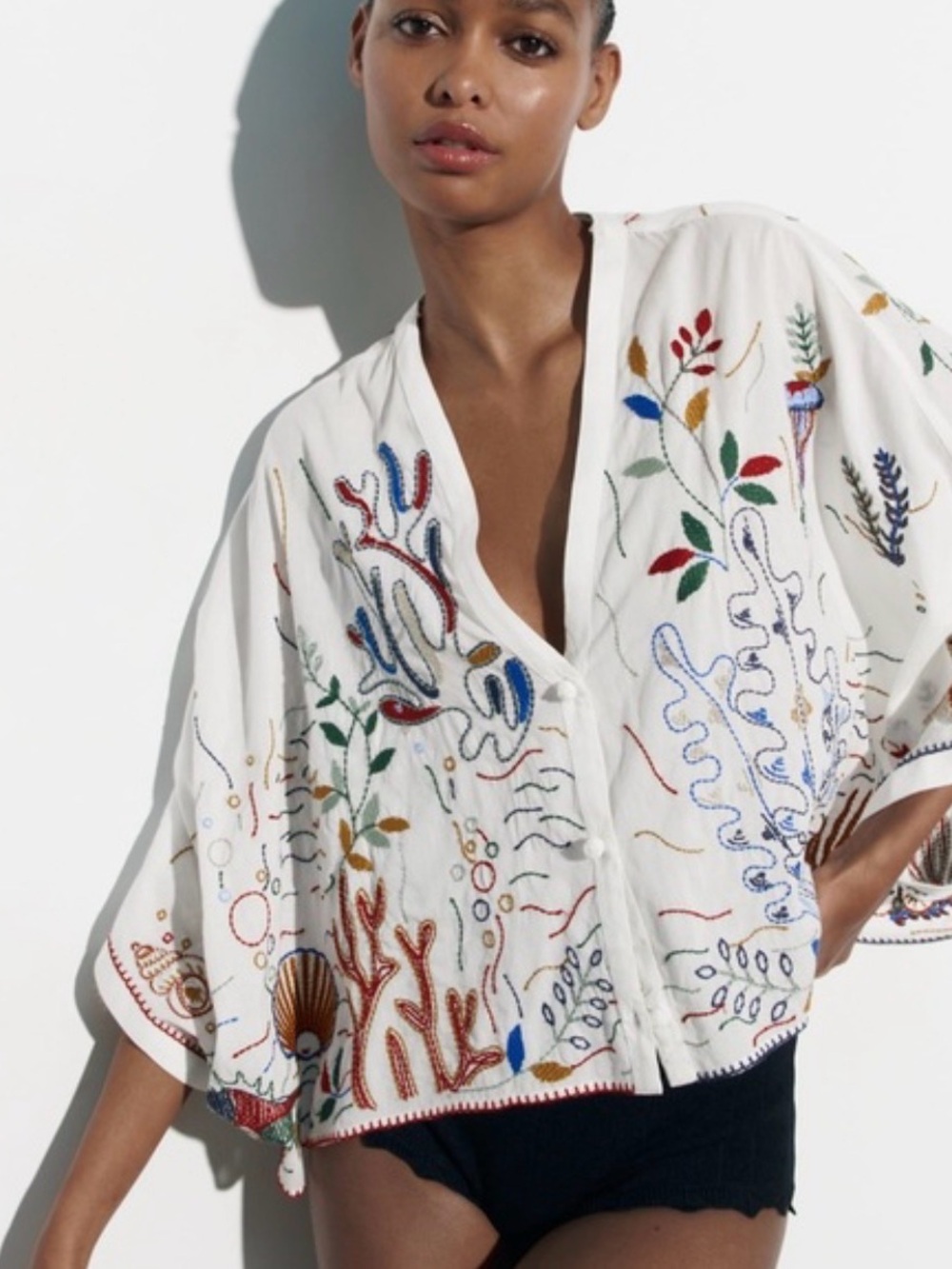 Zara Under the Sea Oversized Embroidered Blouse